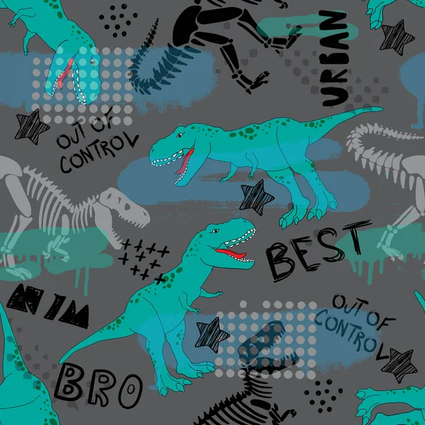 可愛い恐竜の文字でシームレスなパターン ベクターイラスト — ストックベクタ
