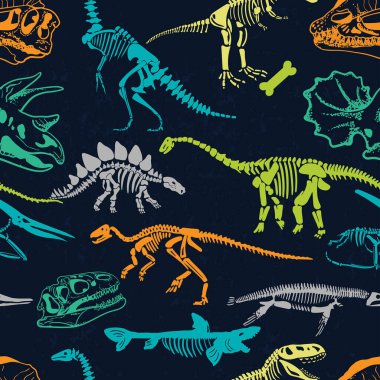 Seamless Dino pattern, print for T-shirts, textiles, wrapping paper, web. Original design with t-rex, dinosaur skeleton. grunge design for boys .