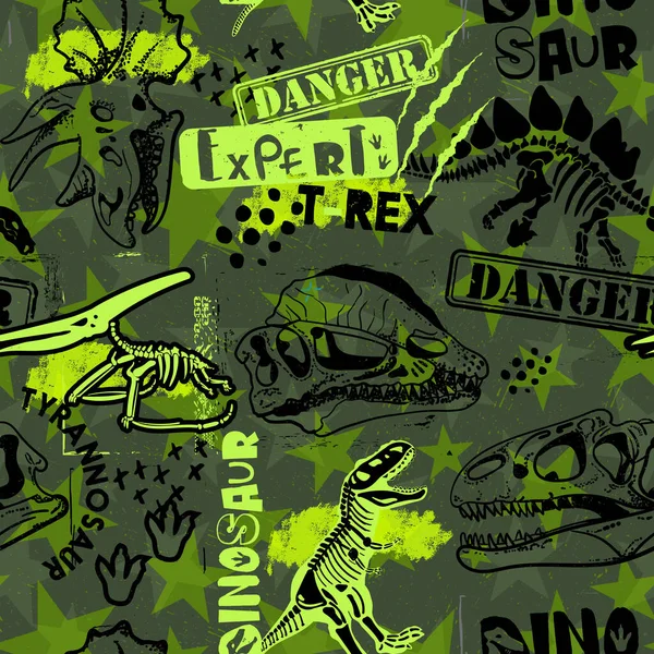 无缝制迷彩迪诺图案 打印T恤衫 纺织品 包装纸 原来的设计与T Rex 男孩和女孩的抹黑设计 — 图库矢量图片