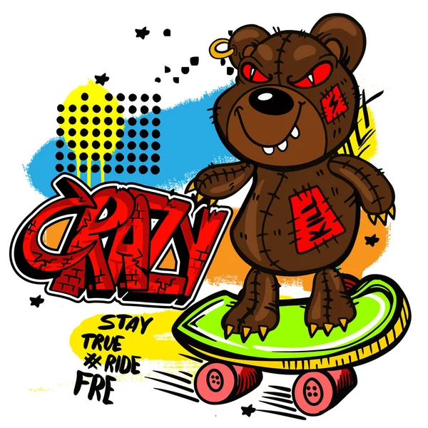 Typography Print Crazy Monster Bear Skate — Διανυσματικό Αρχείο