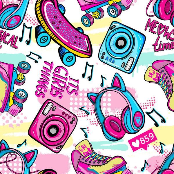 Abstract seamless pattern with headphones, skateboard, photo camera. Girlish fashion bright background for textile