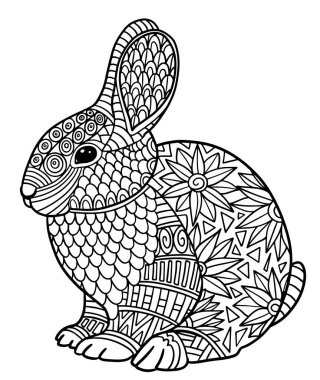 Zentangle stili şirin küçük bir tavşanın siyah-beyaz çizimi