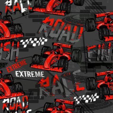 Spor arabalarla soyut, pürüzsüz bir düzen. Tekstil, çocuk kıyafetleri ve parmak izleri için grunge unsurları olan parlak bir arka plan. Erkekler için desen   