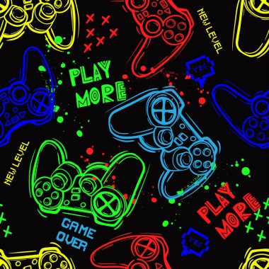 Gamepad ve sloganların renkli baskısı, oyun konsepti