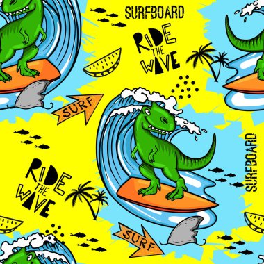 Çizgi film dinozorlarıyla sörf, tatil konsepti.