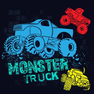 Siyah arka planda canavar kamyonların havalı baskısı