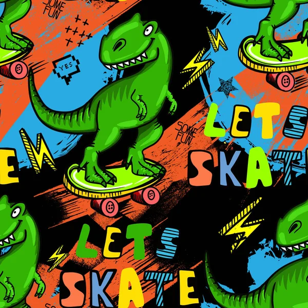 卡通恐龙在黑色背景上滑冰的模式 — 图库矢量图片