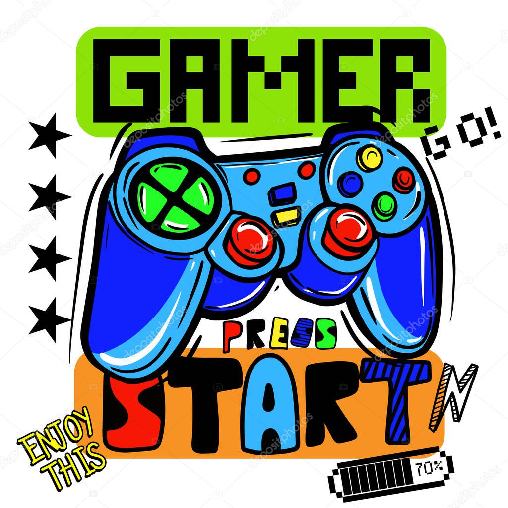 Cool colourful print of gamepad with slogan on white background