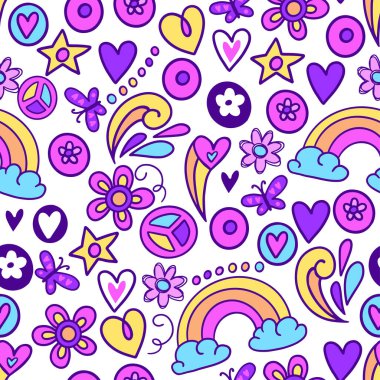 vector seamless pattern with hearts, flowers, clouds, heart, rainbow, butterfly, love, valentine'