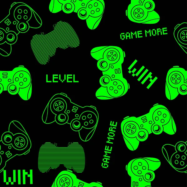Green Line Video Game Icon Isolated Seamless Pattern Black Background — Stock vektor