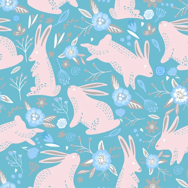 Seamless Pattern Cute Rabbits Flowers Vector Illustration — Vetor de Stock