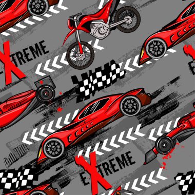Abstract seamless pattern with sport cars and motorbikes. Bright background with grunge elements for textiles, children's clothes, prints. Pattern for boys