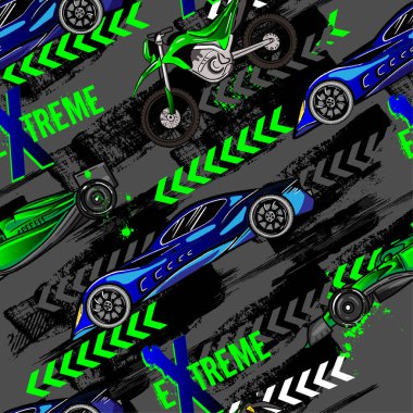 Abstract seamless pattern with sport cars and motorbikes. Bright background with grunge elements for textiles, children's clothes, prints. Pattern for boys