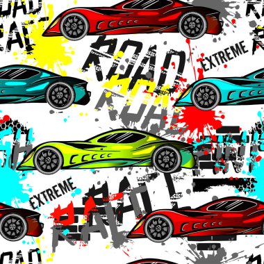 Abstract seamless pattern with sport cars .Background with grunge elements for textiles, children's clothes, prints. Pattern for boys