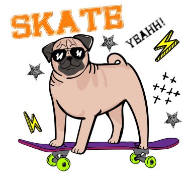 Typography print with Pugdog on skate. Original design print for T-shirts, textiles, wrapping paper, web.