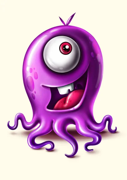 Divertido Dibujo Animado Sonriendo Monstruo Púrpura Con Tentáculos — Foto de Stock