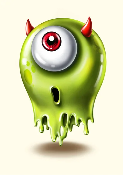 Engraçado Desenho Animado Verde Monstro Surpreso Com Chifres — Fotografia de Stock