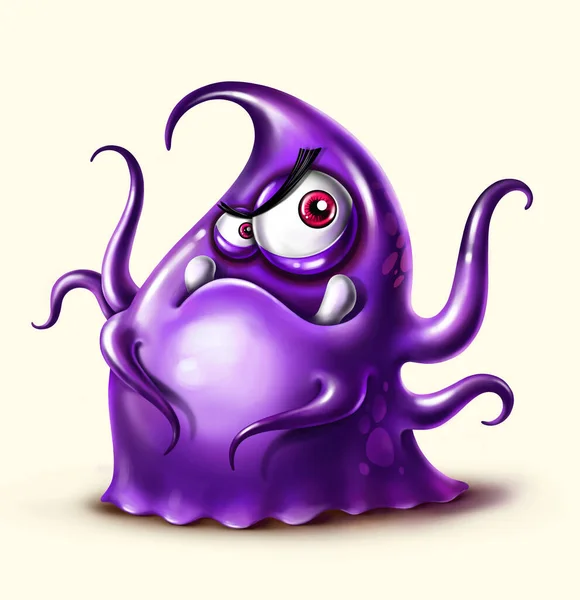 Funny cartoon angry purple monster with tentacles