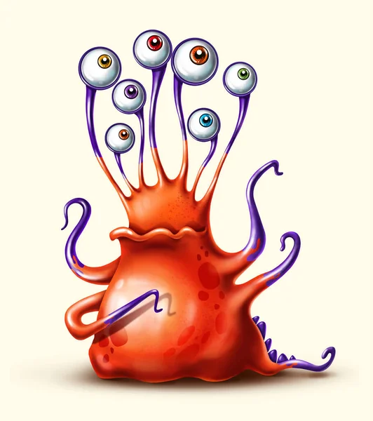 Divertente Cartone Animato Arancione Mostro Con Tentacoli Molti Occhi — Foto Stock