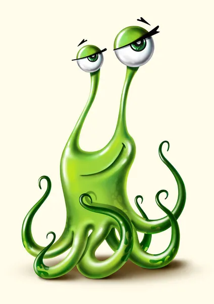 Divertido Monstruo Verde Dibujos Animados Con Tentáculos — Foto de Stock