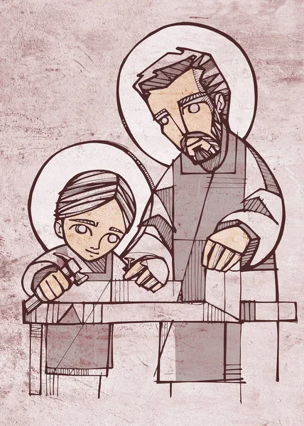 Hand drawn illustration or drawing of Saint Joseph and Jesus Christ as child