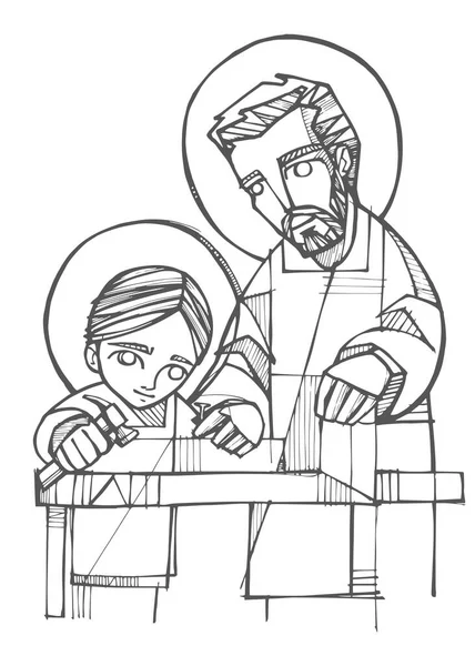 Illustration Vectorielle Dessinée Main Dessin Saint Joseph Jésus Christ Enfant — Image vectorielle