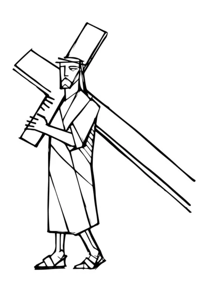 手描きのベクターイラストや十字架を背負ったイエス キリストの絵 — ストックベクタ
