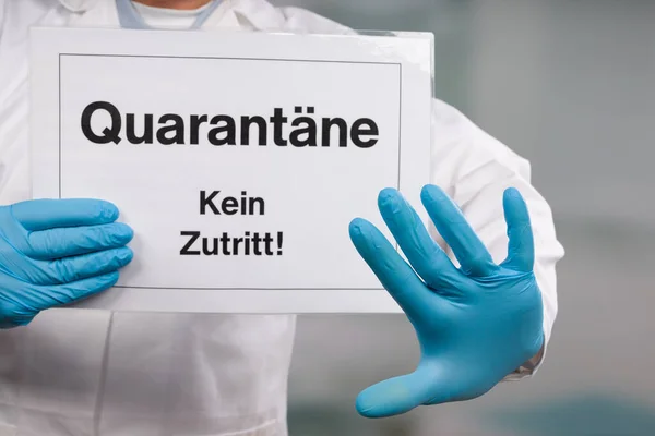 Doctor Hand Medical Gloves Showing German Quarantine Sign Front Covid — Stock Photo, Image