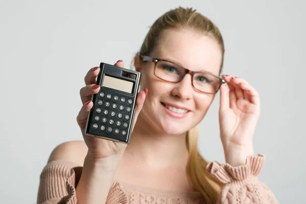 Young Smiling Woman Calculator Her Hand — Stock Photo, Image