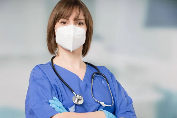 Retrato Uma Médica Enfermeira Uti Com Máscara Facial Médica Estetoscópio — Fotografia de Stock