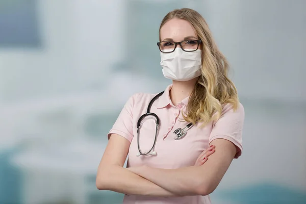 Portrait Female Doctor Nurse Medical Face Mask Wearing Medical Face — Stock Photo, Image