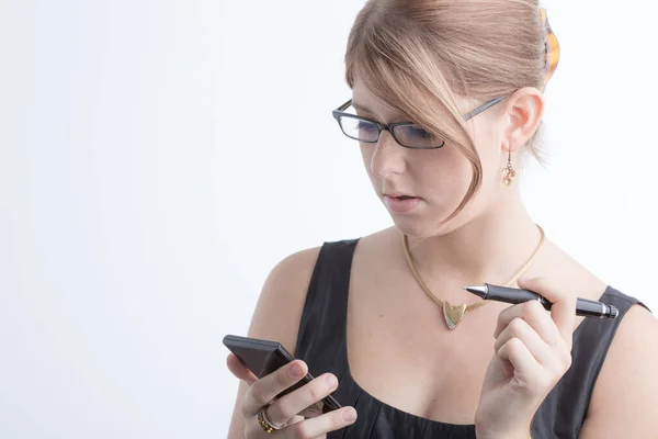 Young Woman Glasses Working Calculator Pen — Stock Photo, Image