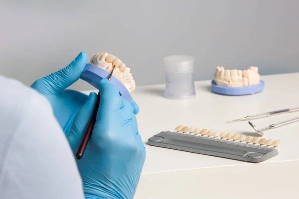 close-up of dental technician doing some painting work on tooth crown in dental laboratory