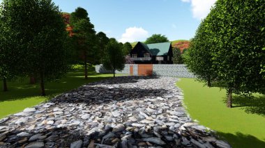  Dağlarda bir sürü ağacı olan bir evin 3 boyutlu çizimi. Taş yol 3D görüntüleme