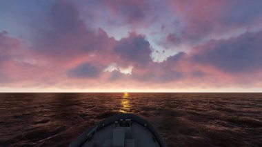 3 boyutlu illüstrasyon denizi, vanilya bulutları, dalgalar, yat. Gün batımı. 3B görüntüleme