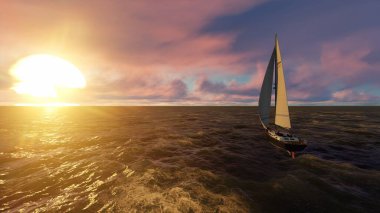 3 boyutlu illüstrasyon denizi, vanilya bulutları, dalgalar, yat. Gün batımı. 3B görüntüleme