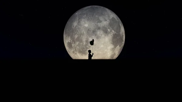 Illustration Bébé Avec Une Balle Nuit Sur Fond Pleine Lune — Photo