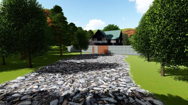  Dağlarda bir sürü ağacı olan bir evin 3 boyutlu çizimi. Taş yol 3D görüntüleme
