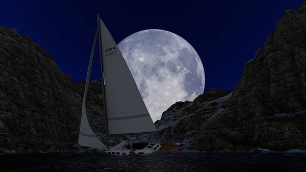 3D illustration of mountains in the night on a background of full moon starry sky. Yacht. 3D rendering
