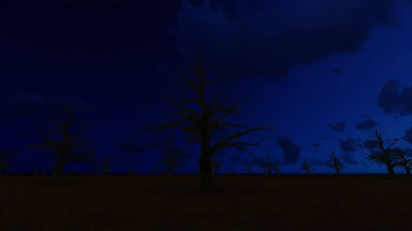 Noc Chmury Uschnięte Drzewa Klimat Renderować — Zdjęcie stockowe