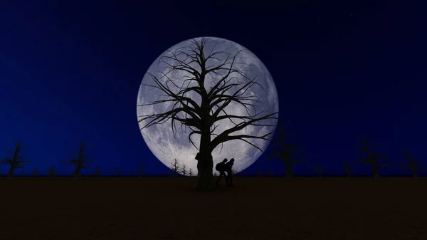 night full moon withered trees two passers-by with backpacks climate 3d render