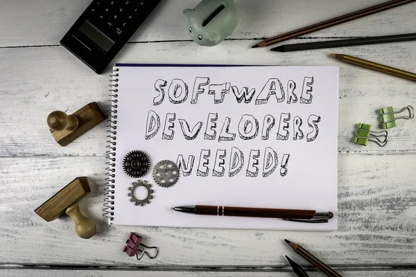 Software Developers Needed. Job Offer Concept. Office Desk — Stock Photo, Image