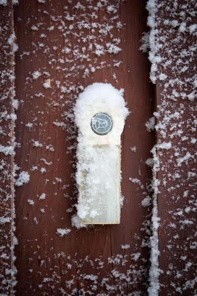 Snowy doorbell button on a brown wooden surface — Stock fotografie