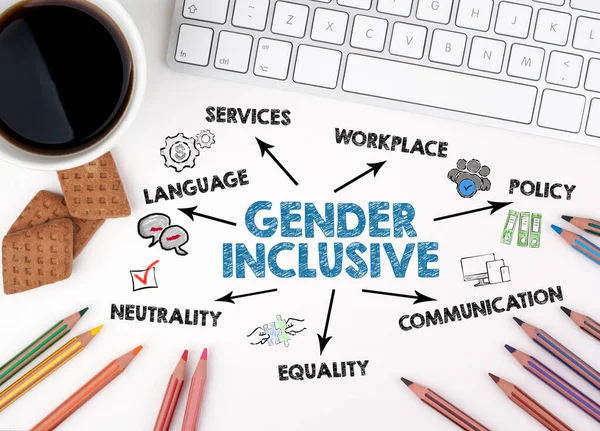 Género Concepto inclusivo. Gráfico con palabras clave e iconos. Escritorio de oficina blanco —  Fotos de Stock