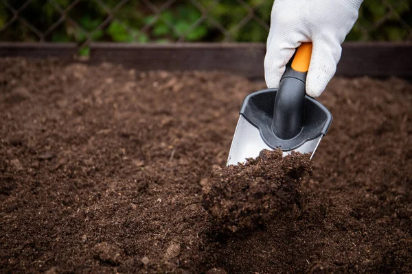 人間の手に庭のシャベルで土を掘る。庭師 — ストック写真