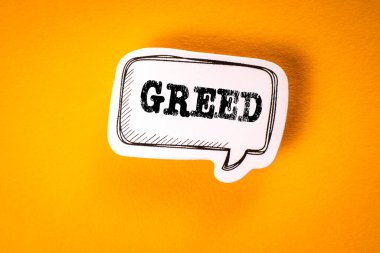 Açgözlülük. Konuşma balonunda metin. Sarı arkaplan.