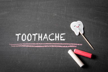 Diş ağrısı. Siyah bir karatahtanın üzerindeki yazı ve tebeşir parçaları.