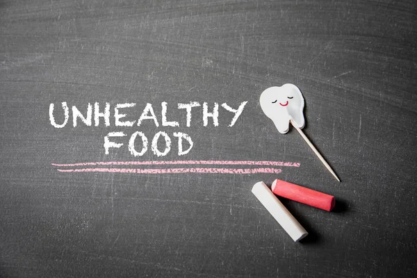 Unhealthy Food Text Pieces Chalk Dark Blackboard — Φωτογραφία Αρχείου