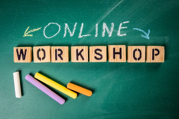 Online Workshop. Text on a green chalk board.