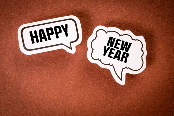 Happy New Year Speech Bubbles Brown Background — Zdjęcie stockowe